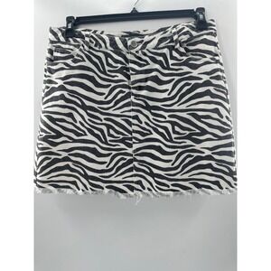 Swagger Zebra Print Denim Mini Skirt Black White Animal Pattern Frayed Hem Large